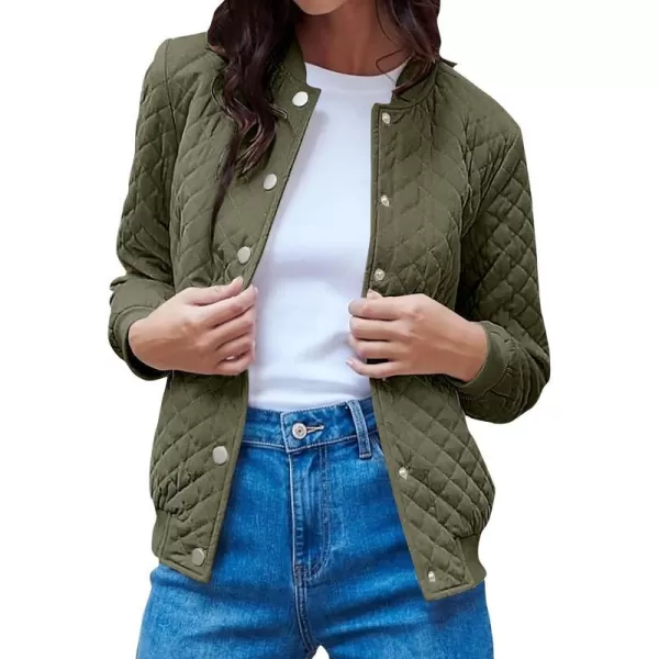 imagePRETTYGARDEN Womens Fall Quilted Bomber Jacket Long Sleeve Button Down Outerwear Trendy Casual Winter Coats With PocketsArmy Green
