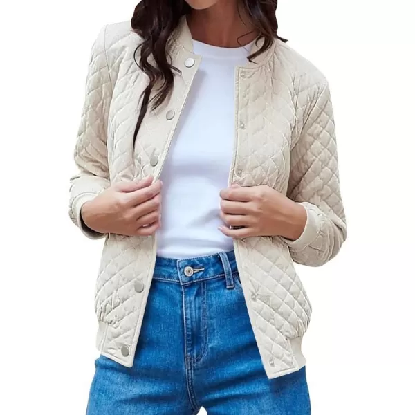 imagePRETTYGARDEN Womens Fall Quilted Bomber Jacket Long Sleeve Button Down Outerwear Trendy Casual Winter Coats With PocketsBeige