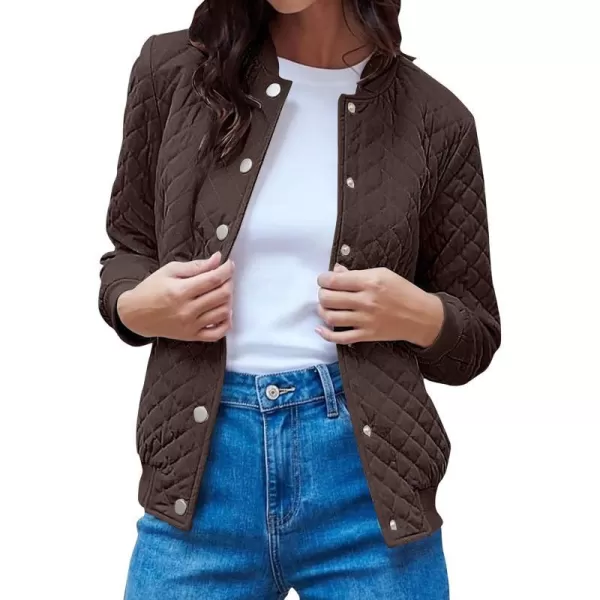 imagePRETTYGARDEN Womens Fall Quilted Bomber Jacket Long Sleeve Button Down Outerwear Trendy Casual Winter Coats With PocketsCoffee