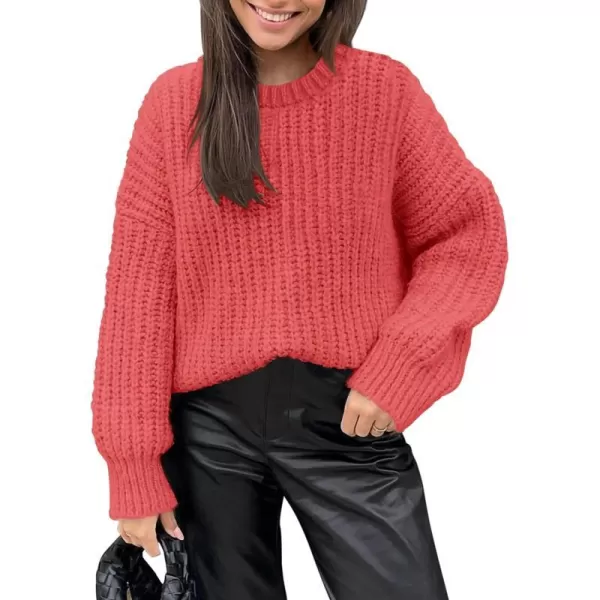 imagePRETTYGARDEN Womens Fall Sweaters Casual Long Sleeve Pullover Crewneck Ribbed Knit Jumper Tops Plain BlouseCoral Pink