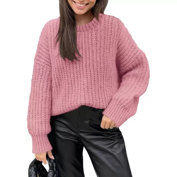 imagePRETTYGARDEN Womens Fall Sweaters Casual Long Sleeve Pullover Crewneck Ribbed Knit Jumper Tops Plain BlousePink