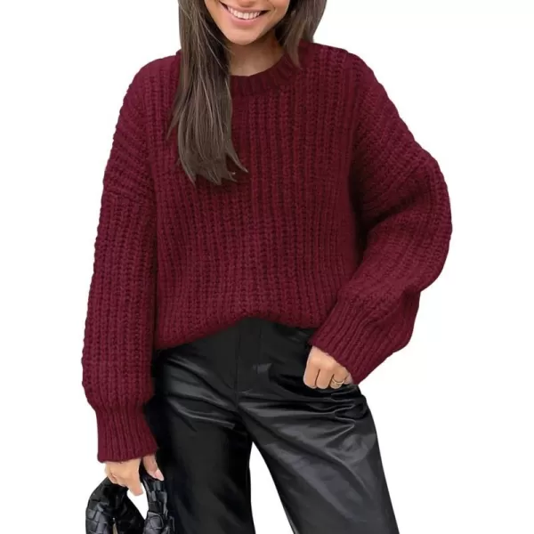 imagePRETTYGARDEN Womens Fall Sweaters Casual Long Sleeve Pullover Crewneck Ribbed Knit Jumper Tops Plain BlouseWine Red