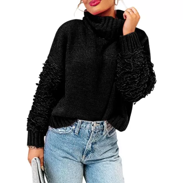 imagePRETTYGARDEN Womens Fall Turtleneck Sweaters Casual Long Sleeve Pullover Ribbed Knit Sweater Top BlouseBlack