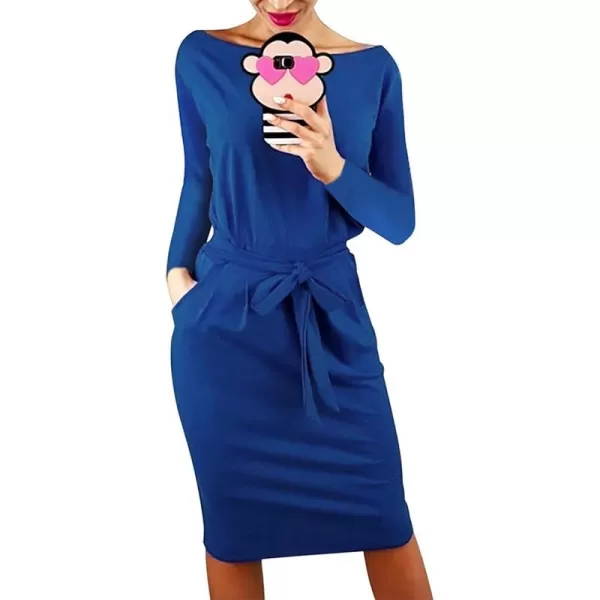 imagePRETTYGARDEN Womens Fashion Casual Long Sleeve Belted Party Bodycon Sheath Pencil DressBlue