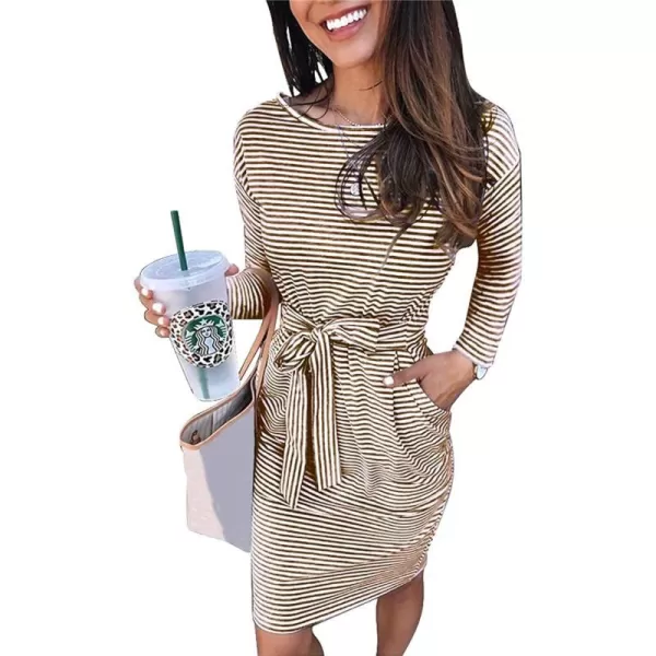 imagePRETTYGARDEN Womens Fashion Casual Long Sleeve Belted Party Bodycon Sheath Pencil DressStripe Brown