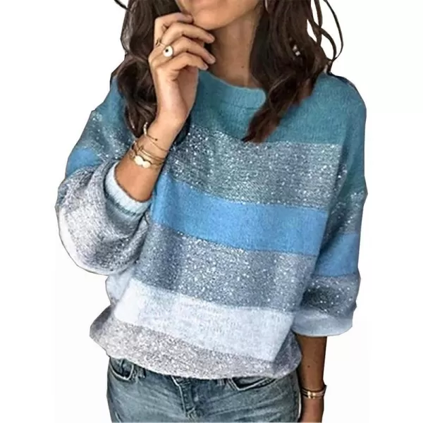imagePRETTYGARDEN Womens Fashion Long Sleeve Striped Color Block Knitted Sweater Crew Neck Loose Pullover Jumper TopsBlue