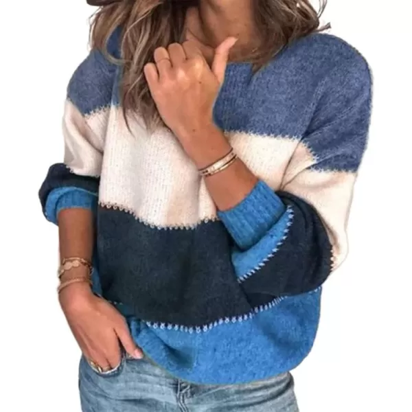 imagePRETTYGARDEN Womens Fashion Long Sleeve Striped Color Block Knitted Sweater Crew Neck Loose Pullover Jumper TopsMulti Blue
