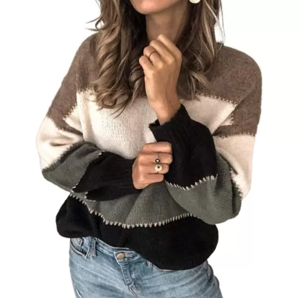 imagePRETTYGARDEN Womens Fashion Long Sleeve Striped Color Block Knitted Sweater Crew Neck Loose Pullover Jumper TopsMulti Grey