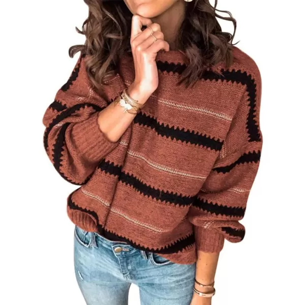 imagePRETTYGARDEN Womens Fashion Long Sleeve Striped Color Block Knitted Sweater Crew Neck Loose Pullover Jumper TopsNarrow Striped Brick Red