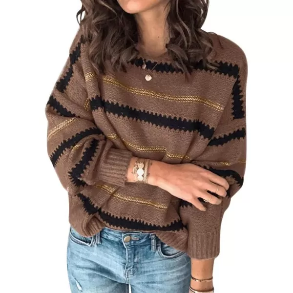 imagePRETTYGARDEN Womens Fashion Long Sleeve Striped Color Block Knitted Sweater Crew Neck Loose Pullover Jumper TopsNarrow Striped Brown
