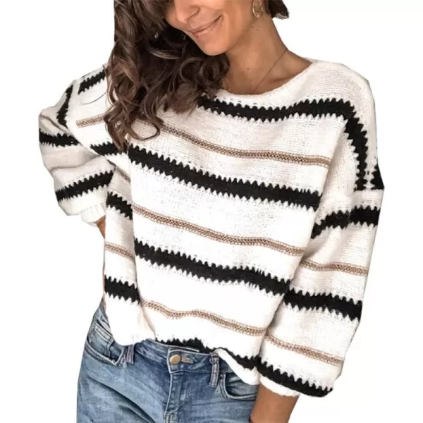 imagePRETTYGARDEN Womens Fashion Long Sleeve Striped Color Block Knitted Sweater Crew Neck Loose Pullover Jumper TopsNarrow Striped White