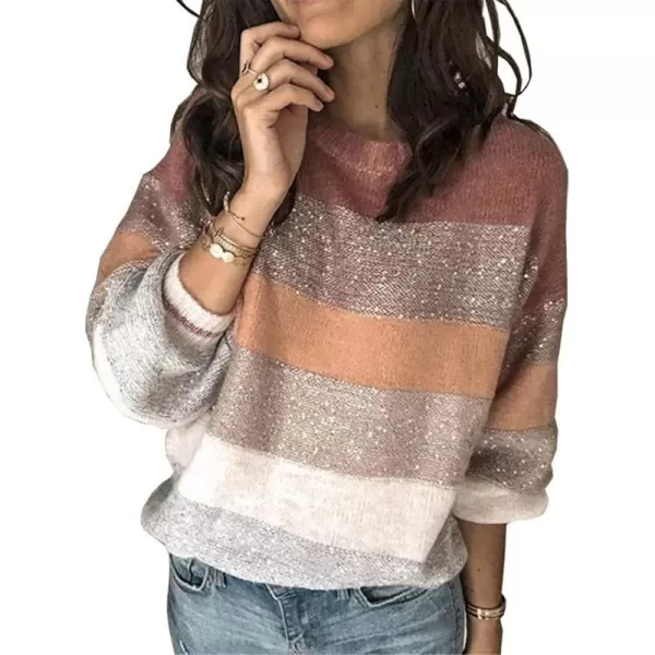 imagePRETTYGARDEN Womens Fashion Long Sleeve Striped Color Block Knitted Sweater Crew Neck Loose Pullover Jumper TopsPink