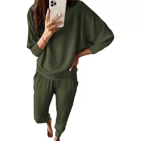 imagePRETTYGARDEN Womens Fashion Outfits 2 Piece Sweatsuit Solid Color Long Sleeve Pullover Long PantsArmy Green