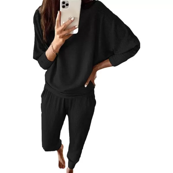 imagePRETTYGARDEN Womens Fashion Outfits 2 Piece Sweatsuit Solid Color Long Sleeve Pullover Long PantsBlack