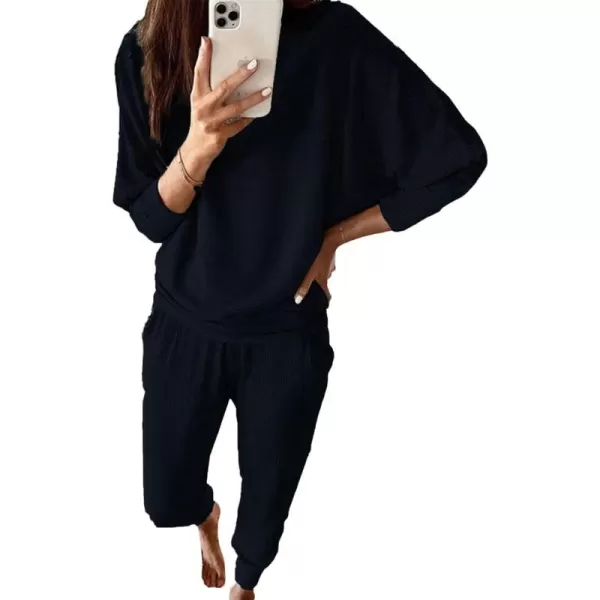 imagePRETTYGARDEN Womens Fashion Outfits 2 Piece Sweatsuit Solid Color Long Sleeve Pullover Long PantsDark Blue