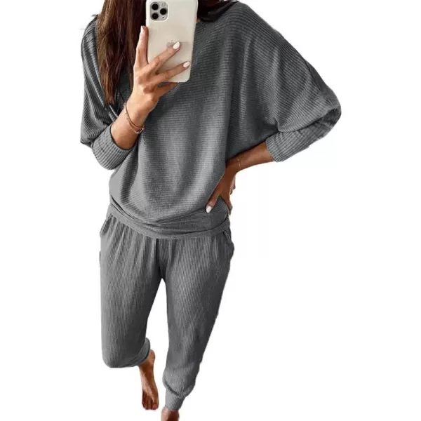 imagePRETTYGARDEN Womens Fashion Outfits 2 Piece Sweatsuit Solid Color Long Sleeve Pullover Long PantsDark Grey