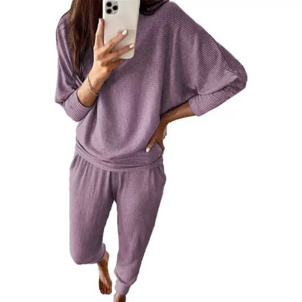 imagePRETTYGARDEN Womens Fashion Outfits 2 Piece Sweatsuit Solid Color Long Sleeve Pullover Long PantsDeep Purple