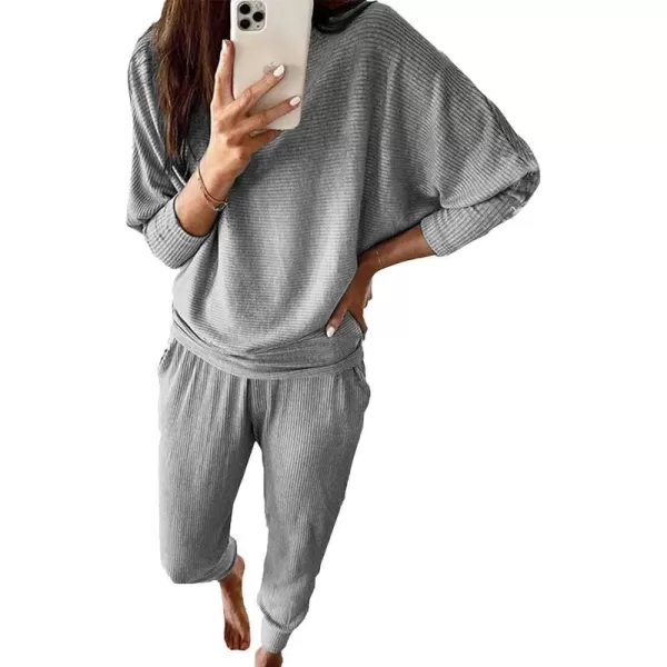 imagePRETTYGARDEN Womens Fashion Outfits 2 Piece Sweatsuit Solid Color Long Sleeve Pullover Long PantsGrey