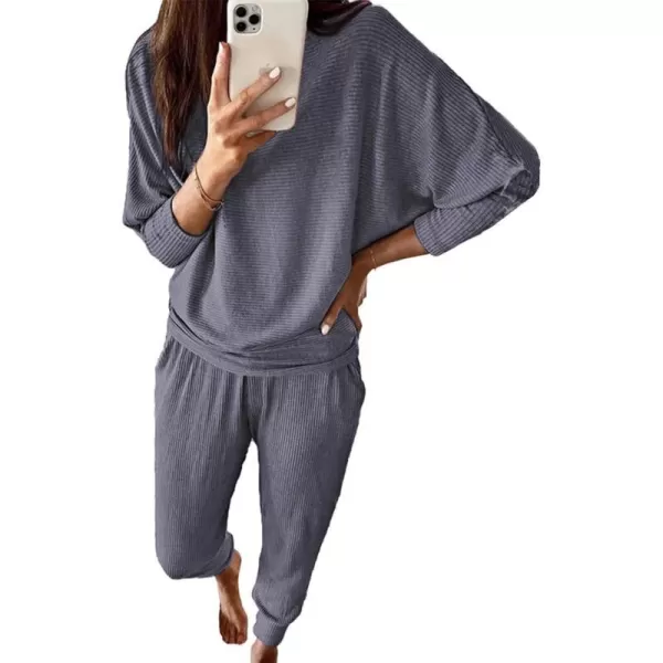 imagePRETTYGARDEN Womens Fashion Outfits 2 Piece Sweatsuit Solid Color Long Sleeve Pullover Long PantsGrey Blue