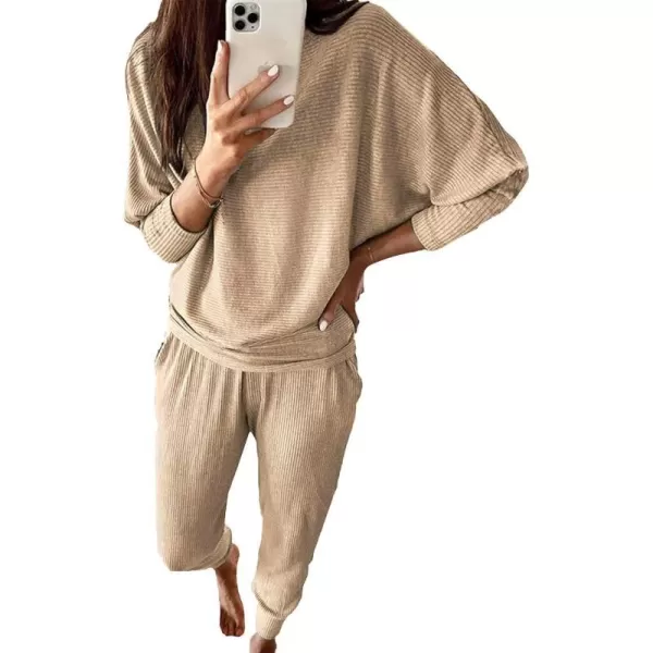 imagePRETTYGARDEN Womens Fashion Outfits 2 Piece Sweatsuit Solid Color Long Sleeve Pullover Long PantsKhaki