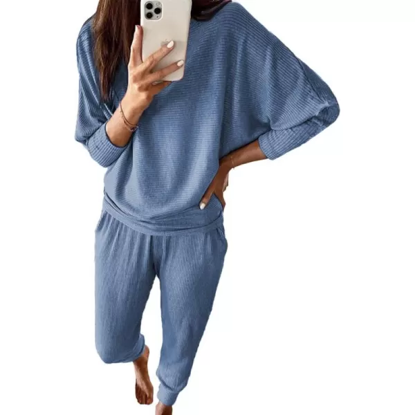 imagePRETTYGARDEN Womens Fashion Outfits 2 Piece Sweatsuit Solid Color Long Sleeve Pullover Long PantsLight Blue