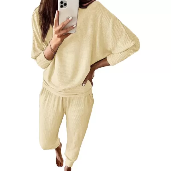 imagePRETTYGARDEN Womens Fashion Outfits 2 Piece Sweatsuit Solid Color Long Sleeve Pullover Long PantsLight Khaki