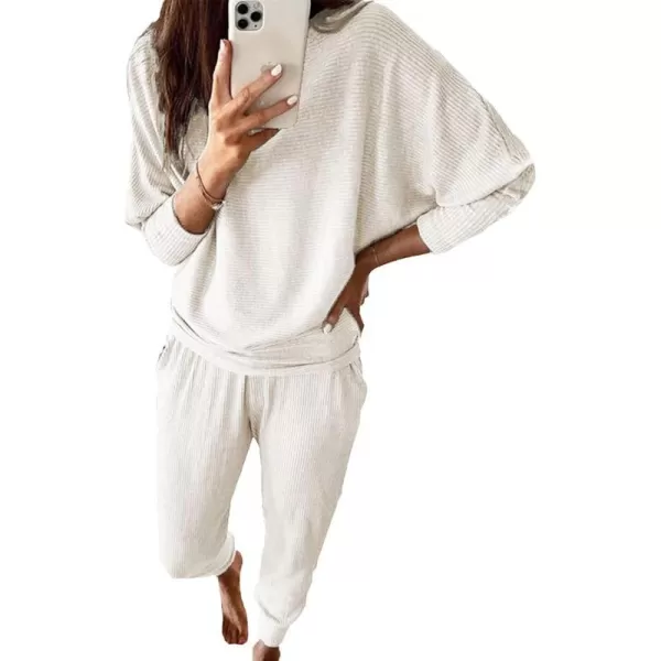 imagePRETTYGARDEN Womens Fashion Outfits 2 Piece Sweatsuit Solid Color Long Sleeve Pullover Long PantsOffwhite