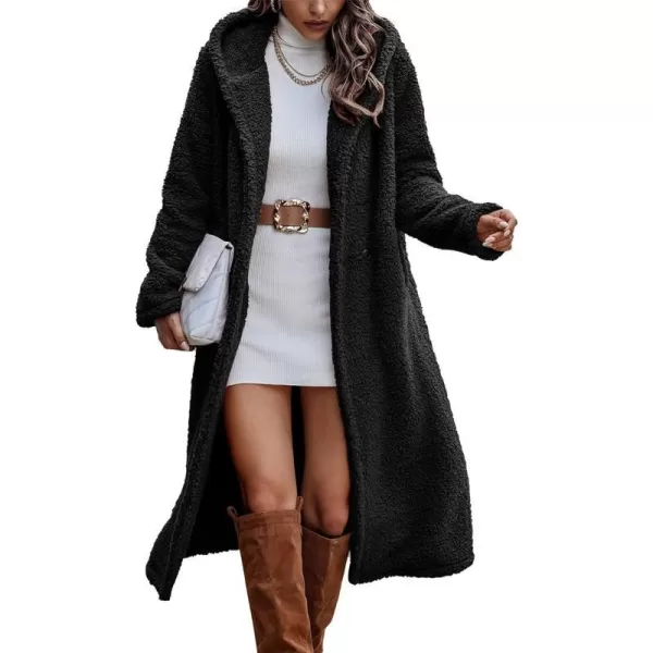 imagePRETTYGARDEN Womens Fashion Winter Coats Fuzzy Fleece Long Hooded Jackets Button Down Faux Fur Warm OuterwearBlack
