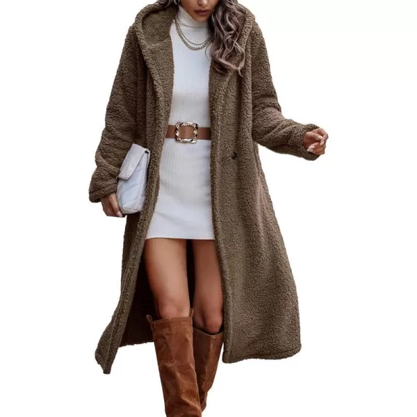 imagePRETTYGARDEN Womens Fashion Winter Coats Fuzzy Fleece Long Hooded Jackets Button Down Faux Fur Warm OuterwearKhaki