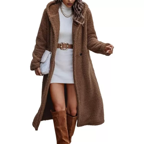 imagePRETTYGARDEN Womens Fashion Winter Coats Fuzzy Fleece Long Hooded Jackets Button Down Faux Fur Warm OuterwearRed Coffee
