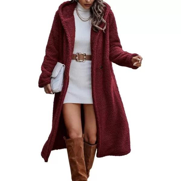 imagePRETTYGARDEN Womens Fashion Winter Coats Fuzzy Fleece Long Hooded Jackets Button Down Faux Fur Warm OuterwearWine Red