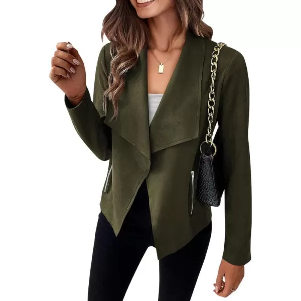 imagePRETTYGARDEN Womens Faux Suede Jackets 2023 Fall Clothes Long Sleeve Open Front Cropped Coat OutwearArmy Green