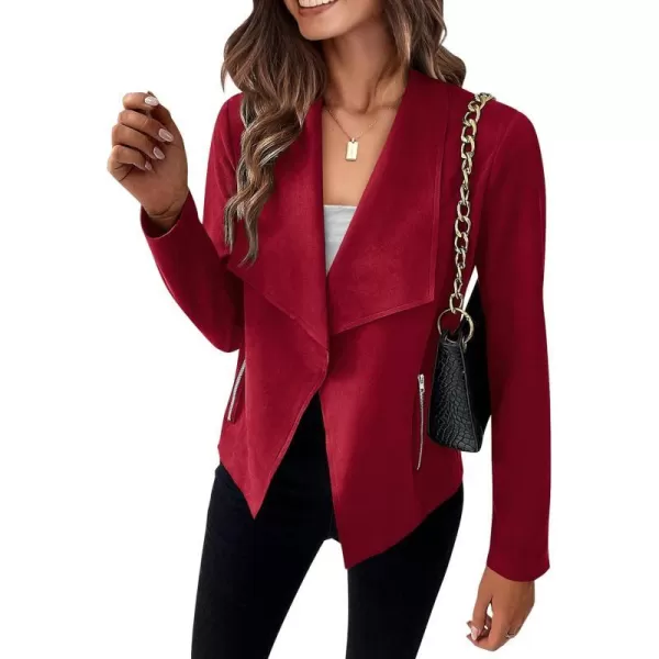 imagePRETTYGARDEN Womens Faux Suede Jackets 2023 Fall Clothes Long Sleeve Open Front Cropped Coat OutwearRed