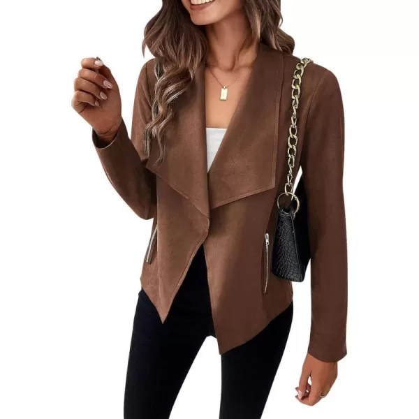 imagePRETTYGARDEN Womens Faux Suede Jackets 2024 Fall Clothes Long Sleeve Open Front Cropped Coat OutwearCoffee