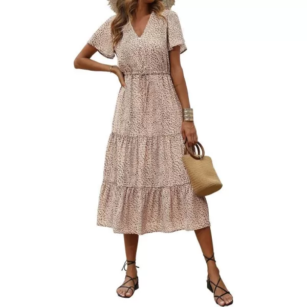 imagePRETTYGARDEN Womens Floral Boho Dress Casual Short Sleeve V Neck Ruffle Tiered 2023 Summer Swing Maxi DressesApricot