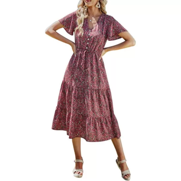 imagePRETTYGARDEN Womens Floral Boho Dress Casual Short Sleeve V Neck Ruffle Tiered 2023 Summer Swing Maxi DressesBlack Red Floral