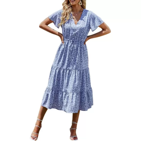 imagePRETTYGARDEN Womens Floral Boho Dress Casual Short Sleeve V Neck Ruffle Tiered 2023 Summer Swing Maxi DressesBlue White Floral