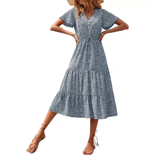 imagePRETTYGARDEN Womens Floral Boho Dress Casual Short Sleeve V Neck Ruffle Tiered 2023 Summer Swing Maxi DressesNavy Floral