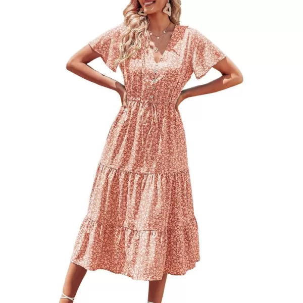 imagePRETTYGARDEN Womens Floral Boho Dress Casual Short Sleeve V Neck Ruffle Tiered 2023 Summer Swing Maxi DressesOrange Yellow