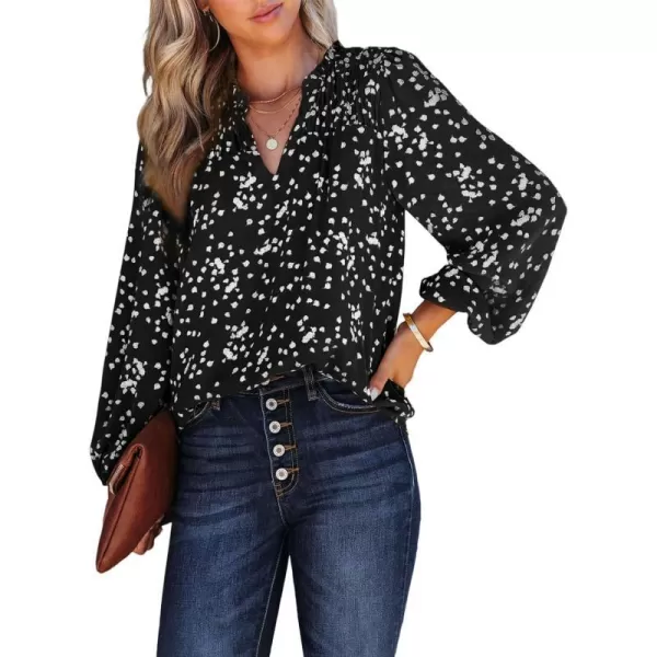 imagePRETTYGARDEN Womens Floral Dressy Tops 2023 Fall Long Sleeve Chiffon Shirts V Neck Boho Blouses Smocked Business TunicBlack