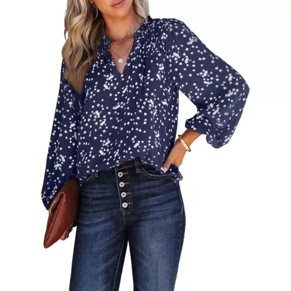imagePRETTYGARDEN Womens Floral Dressy Tops 2023 Fall Long Sleeve Chiffon Shirts V Neck Boho Blouses Smocked Business TunicDark Blue