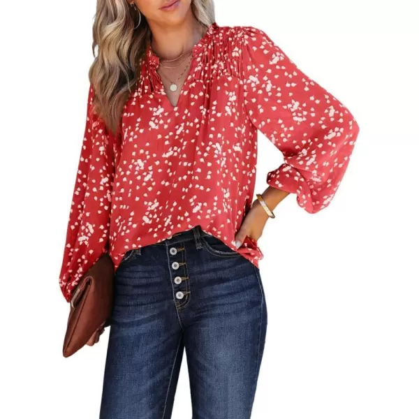 imagePRETTYGARDEN Womens Floral Dressy Tops 2023 Fall Long Sleeve Chiffon Shirts V Neck Boho Blouses Smocked Business TunicRed