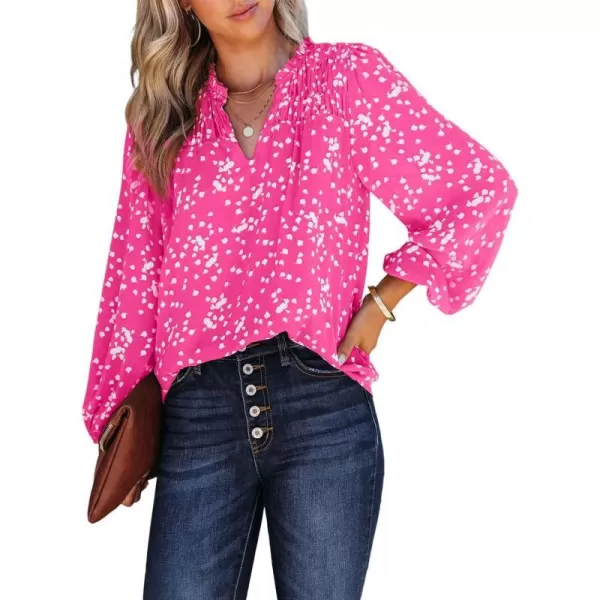 imagePRETTYGARDEN Womens Floral Dressy Tops 2023 Fall Long Sleeve Chiffon Shirts V Neck Boho Blouses Smocked Business TunicRose Red