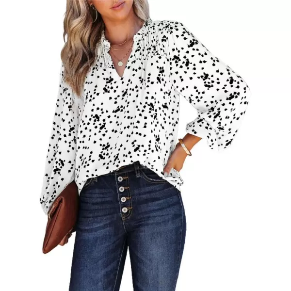 imagePRETTYGARDEN Womens Floral Dressy Tops 2023 Fall Long Sleeve Chiffon Shirts V Neck Boho Blouses Smocked Business TunicWhite