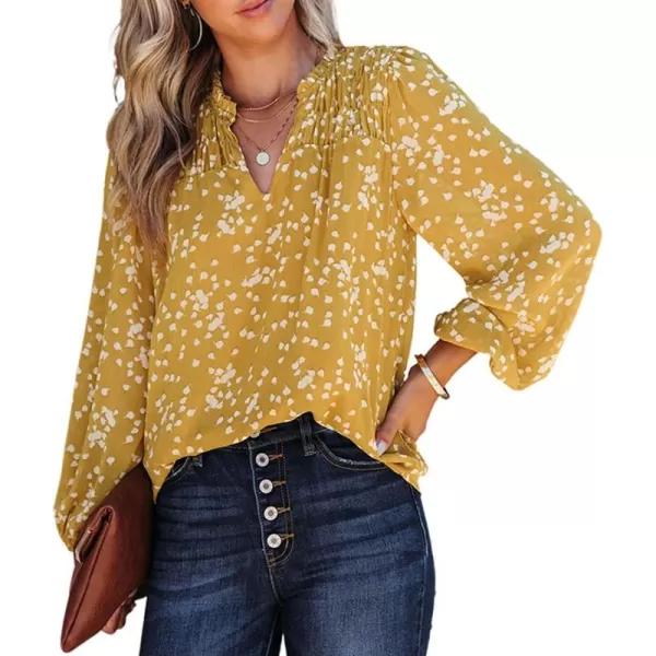 imagePRETTYGARDEN Womens Floral Dressy Tops 2023 Fall Long Sleeve Chiffon Shirts V Neck Boho Blouses Smocked Business TunicYellow
