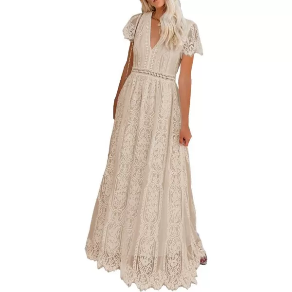 imagePRETTYGARDEN Womens Floral Lace Maxi Dress 2023 Short Sleeve V Neck Bridesmaid Wedding Evening Party DressesApricot