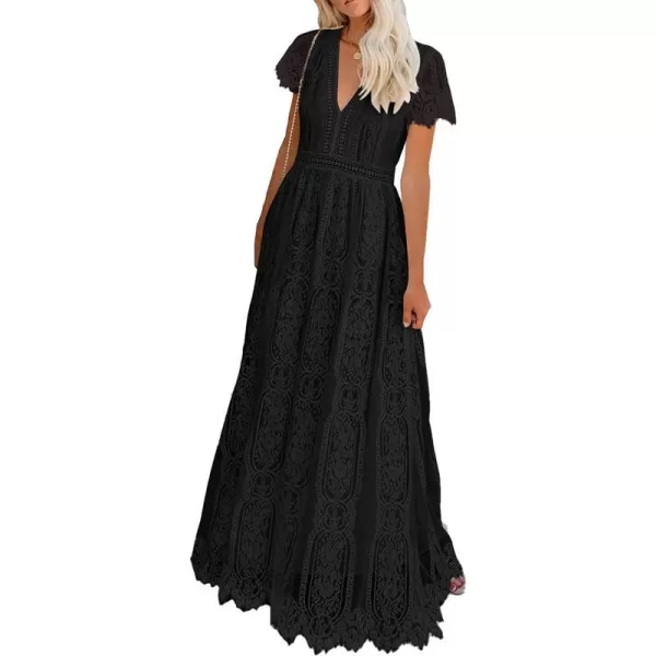 imagePRETTYGARDEN Womens Floral Lace Maxi Dress 2023 Short Sleeve V Neck Bridesmaid Wedding Evening Party DressesBlack