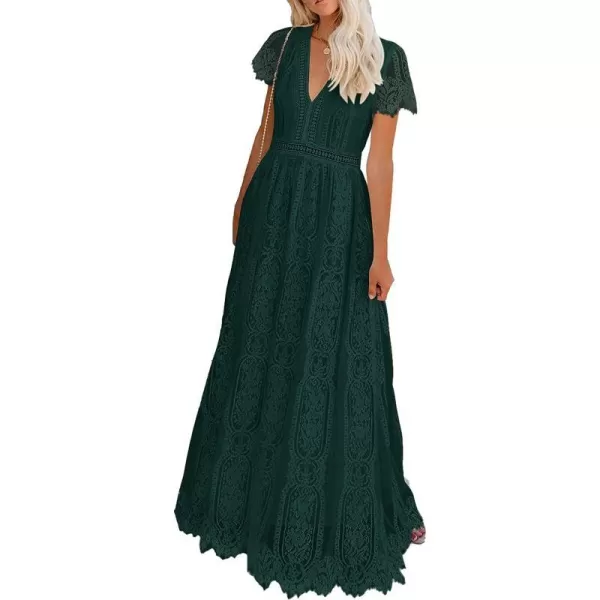 imagePRETTYGARDEN Womens Floral Lace Maxi Dress 2023 Short Sleeve V Neck Bridesmaid Wedding Evening Party DressesDark Green
