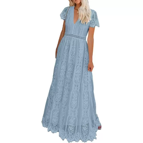 imagePRETTYGARDEN Womens Floral Lace Maxi Dress 2023 Short Sleeve V Neck Bridesmaid Wedding Evening Party DressesGrey Blue