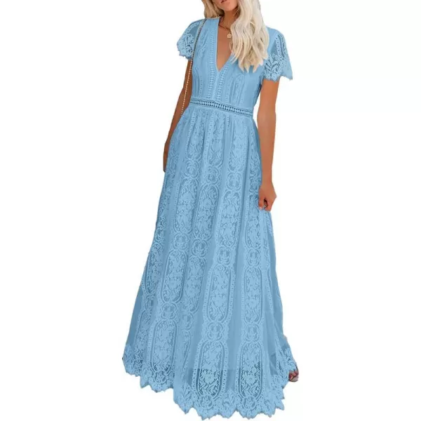 imagePRETTYGARDEN Womens Floral Lace Maxi Dress 2023 Short Sleeve V Neck Bridesmaid Wedding Evening Party DressesLight Blue